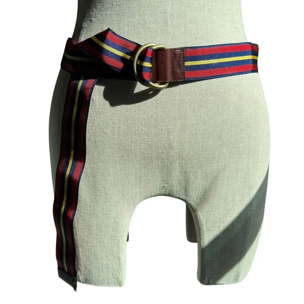 J.McLaughlin Striped Canvas D-Ring Belt Red Navy Yellow Large